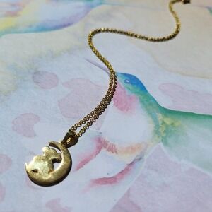 Teddy Bear Crescent Moon Necklace Gold Tone Whimsical